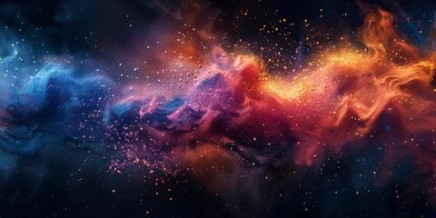 Dynamic abstract painting with vibrant blue, pink, and orange swirls and splashes.