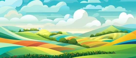 Obraz premium Scenic Summer Landscape. Rolling Hills, Vibrant Colors, Blue Sky , Illustration of Countryside