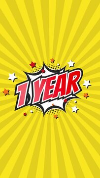 Celebratory animation for 1st first anniversary - 1 one year birthday. Animated text on pop colorful background with rotating rays.