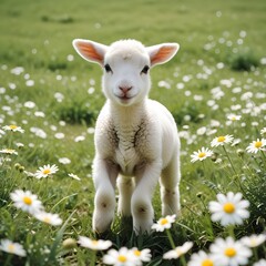 Obraz premium A young cute lamb frolicking in a field of daisies under the spring sun.