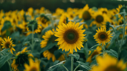 Fototapeta premium Single Sunflower Prominent In A Dense Field Of Vibrant Yellow Blooms