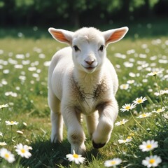 Fototapeta premium A young cute lamb frolicking in a field of daisies under the spring sun.