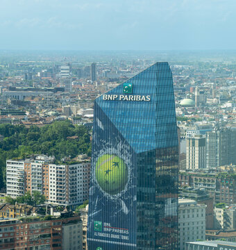 Milano, Italy. Amazing aerial view of the iconic Diamond tower. Today headquarter of the BNP Paribas bank