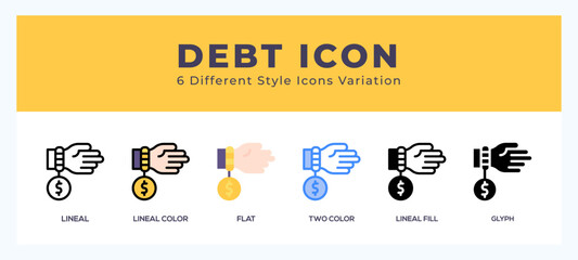 Debt icon set with different styles. Design elements for logo. Vector illustration.