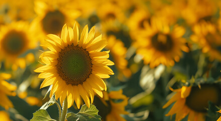 Fototapeta premium Sunflower Glowing In A Field Of Golden Blossoms Under Bright Sunlight