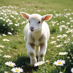 Obraz premium A young cute lamb frolicking in a field of daisies under the spring sun.