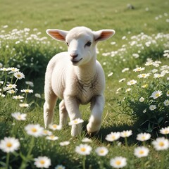 Fototapeta premium A young cute lamb frolicking in a field of daisies under the spring sun.