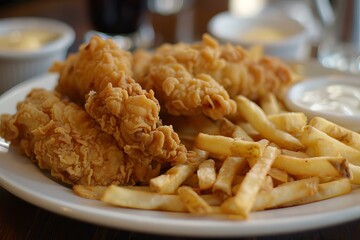 Heaping plate of fried chicken and french fries being served at a restaurant