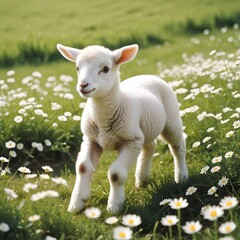 Obraz premium A young cute lamb frolicking in a field of daisies under the spring sun.