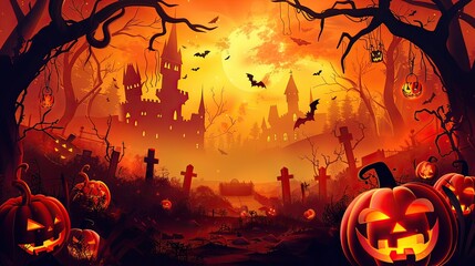 halloween background with pumpkins and bats