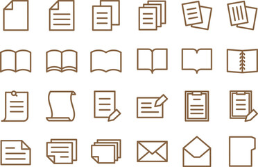 書類と本の茶色の線画アイコンセット