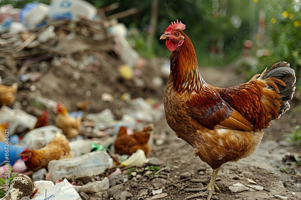 Poster hen standing on garbage in a dirty place with other chickens in the background