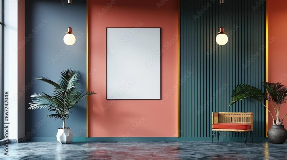 Poster stylish hallway with empty poster frames on bright and colorful walls