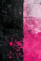 A striking abstract painting featuring a bold contrast between deep black and vibrant pink, with textured, rough brushstrokes and splattered paint creating a dynamic visual impact.