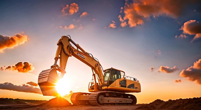 Yellow Excavator Working at Sunset on Construction Site