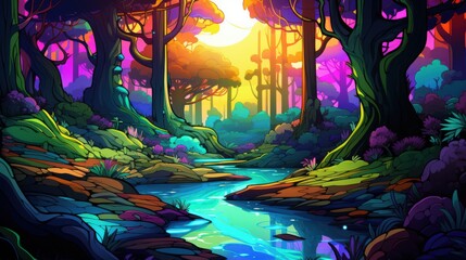 Obraz premium Vibrant Fantasy Forest Landscape with River and Sunset, Digital Art
