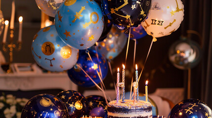 a celestial zodiac galaxy-themed birthday party with balloons representing the zodiac signs and cosmic patterns,