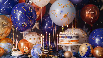 a celestial zodiac galaxy-themed birthday party with balloons representing the zodiac signs and cosmic patterns,