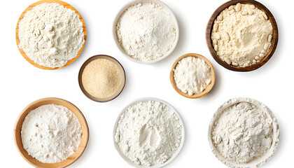 Different types of flour on white background, top and side views. Collage design