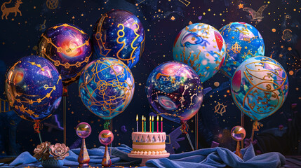 a celestial zodiac galaxy garden birthday scene with balloons representing the zodiac signs and celestial gardens,