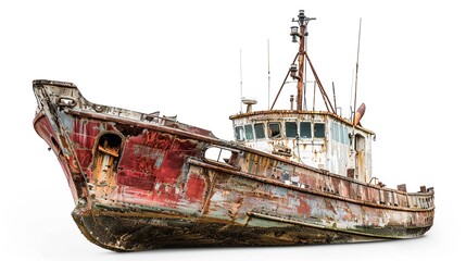 Old and decaying cargo ship washed up on the beach isolated on white background