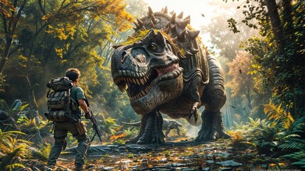 In an animated scene, a man bravely confronts a T-Rex in a dense jungle, armed and ready for danger.