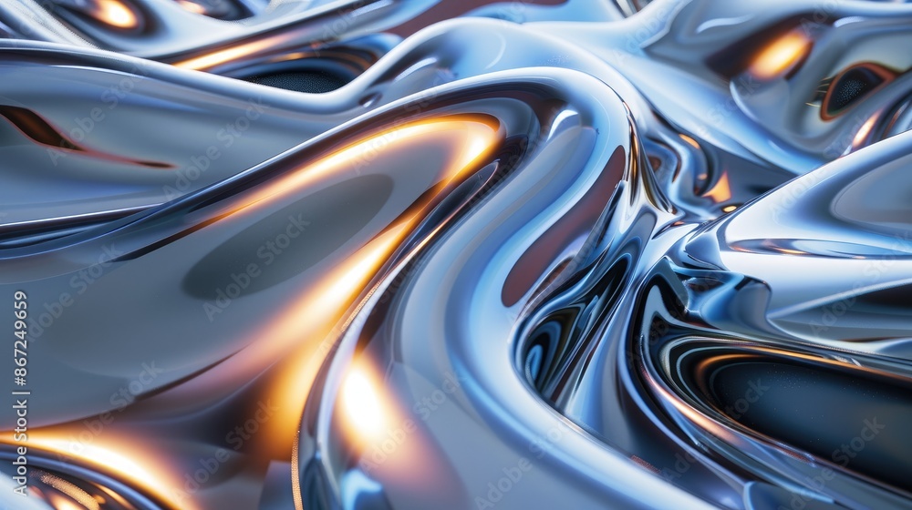 Poster silky smooth 3d illustration of dynamic chrome waves intertwined with intricate metallic textures, p