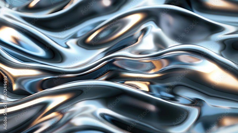 Poster silky smooth 3d illustration of dynamic chrome waves intertwined with intricate metallic textures, p