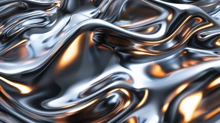 Silky smooth 3D illustration of dynamic chrome waves intertwined with intricate metallic textures, perfect for high-tech designs.
