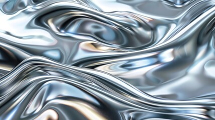 Sleek silver liquid chrome background with dynamic shiny metal waves, perfect for futuristic tech concepts.