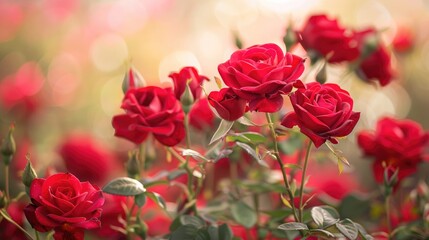 Obraz premium Vibrant romance: An array of red roses against a blurred background, showcasing the richness and elegance of these classic flowers
