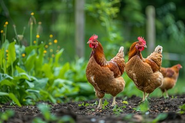 Three brown hens standing and walking on the ground in a lush green garden