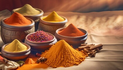 Exotic Spice Market - Depict a colorful, aromatic spice market with mounds of spices