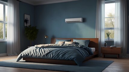 Modern bedroom with air conditioner on top of bed with cool blue mist floating. AI generated
