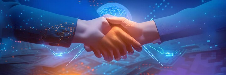 Increase Revenue and Successful Partnership Concepts. Handshake and Coin Stack with Growth Arrow Up on Technology Blue Background in Polygonal Digital Style - Powered by Adobe