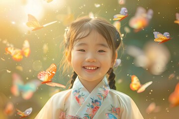 A cute little girl stood among the butterflies with a radiant smile
