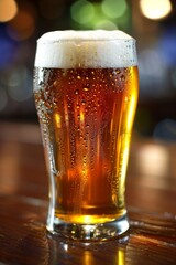 Draft Beer : Frothy Draught Beer Mug, full mug of golden draft beer with a thick, frothy foam, placed on a rustic wooden table. 