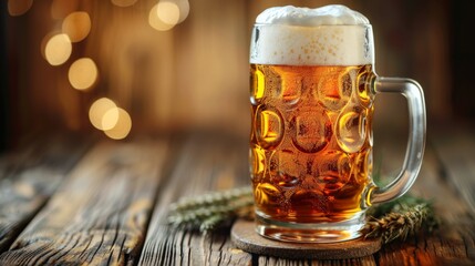 Draft Beer : Frothy Draught Beer Mug, full mug of golden draft beer with a thick, frothy foam, placed on a rustic wooden table. 