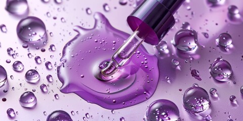 Purple serum drops and a dropper on a lilac background, highlighting the glossy texture and vibrant color.