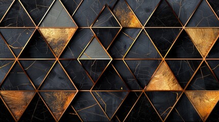 A geometric graphic featuring a pattern of gold and black triangles on a gradient background from black to gold, creating a modern and textured wallpaper.