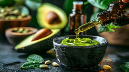 A shot of a homemade avocado face mask being mixed with a blend of unrefined avocado oil emphasizing the use of natural and unprocessed ingredients.