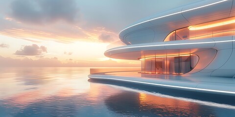 Obraz premium 3D render of a modern building in the sea at sunset.