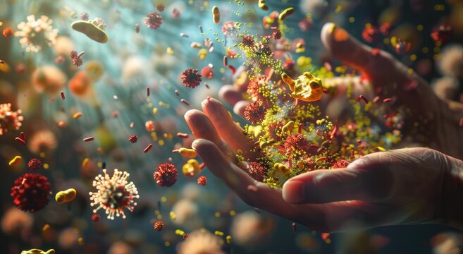 Hands Surrounded by Microscopic Organisms