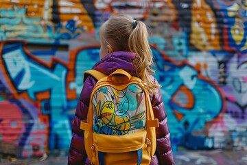 Obraz premium Young girl wearing a backpack is admiring a colorful graffiti wall