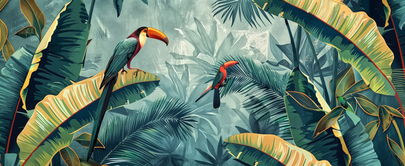 Illustration of tropical wallpaper print design with palm banana
