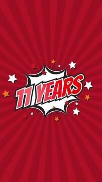 Celebratory animation for 11th eleventh anniversary - 11 eleven years birthday. Animated text on pop colorful background with rotating rays.