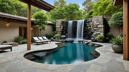 Luxury home courtyard with waterfall 