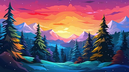 Vibrant winter landscape with snow, pine trees, and mountains at sunset. Digital art illustration for nature, travel, and adventure.