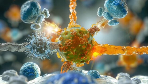 B-cells producing antibodies against cancer, medical illustration, humoral immunity