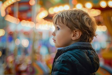 Child is filled with wonder while observing a carousel at a christmas market